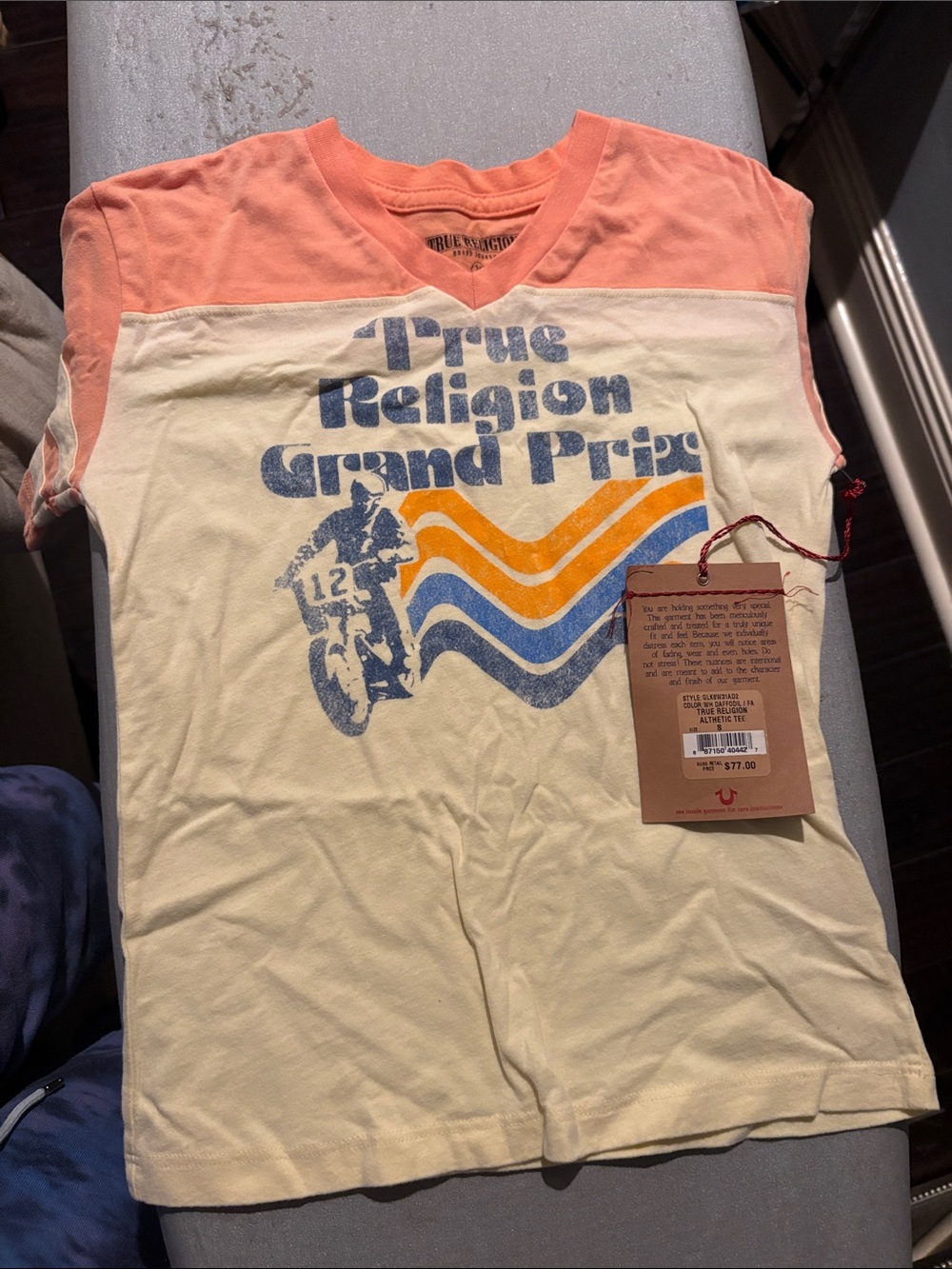 True Religion Kids Short Sleeve Tee in Pink and Cream with Retro Graphic